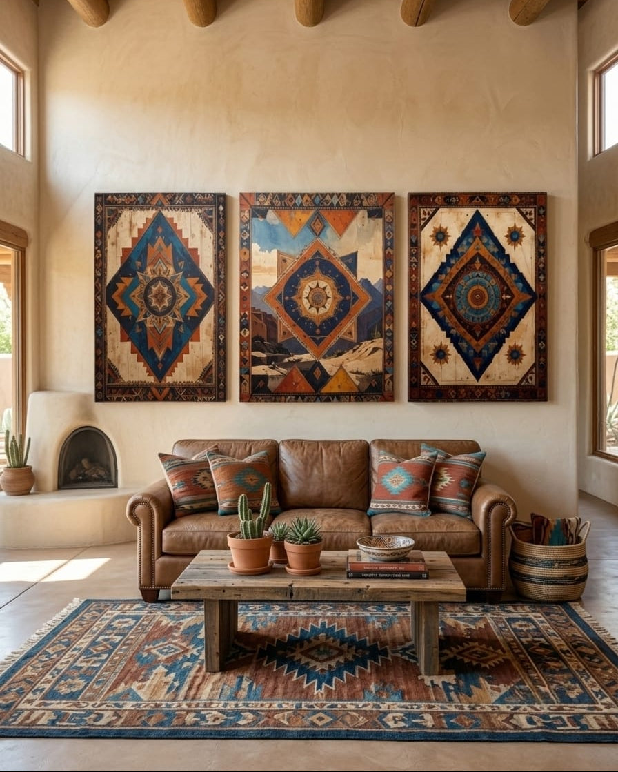 Southwest Geometric Canvas Print Set of 3 - Southwestern Native American Inspired Mosaic Wall Art