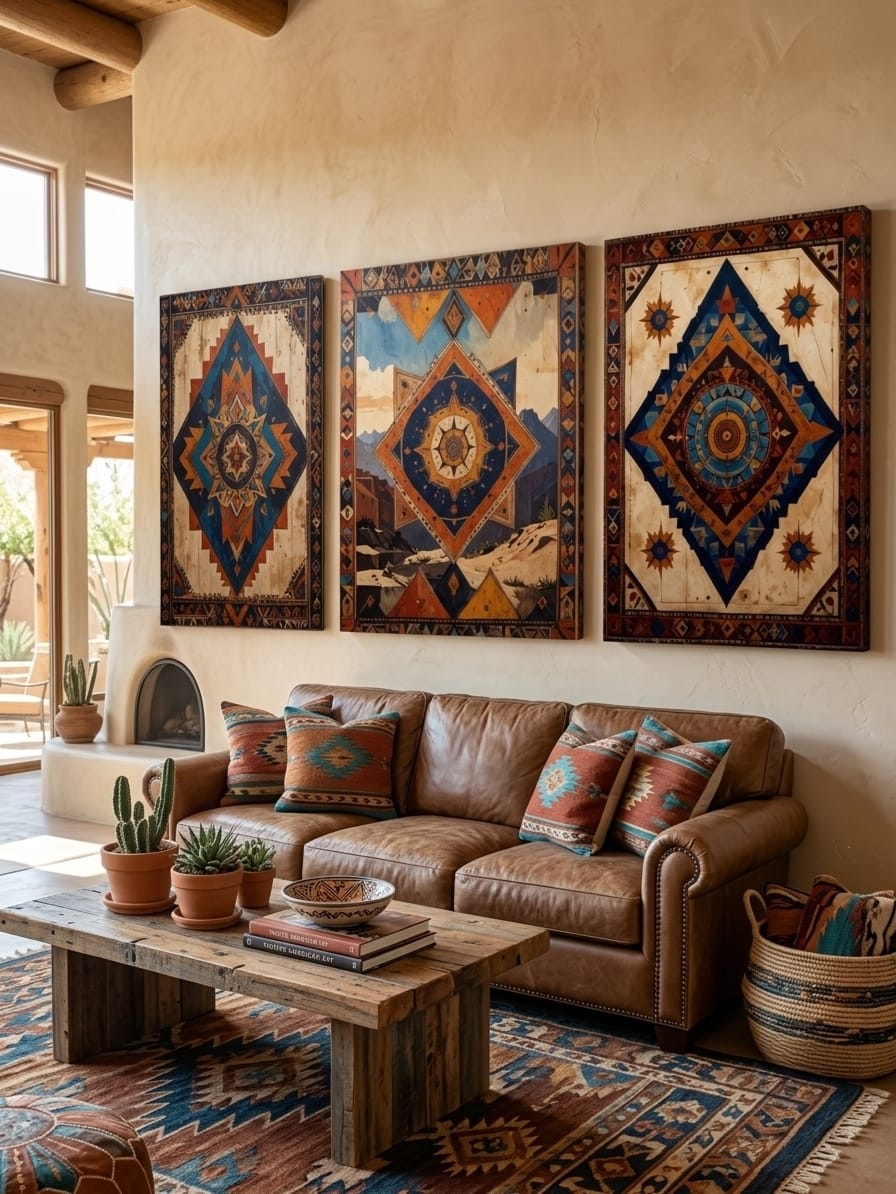 Southwest Geometric Canvas Print Set of 3 - Southwestern Native American Inspired Mosaic Wall Art