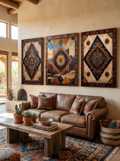 Southwest Geometric Canvas Print Set of 3 - Southwestern Native American Inspired Mosaic Wall Art