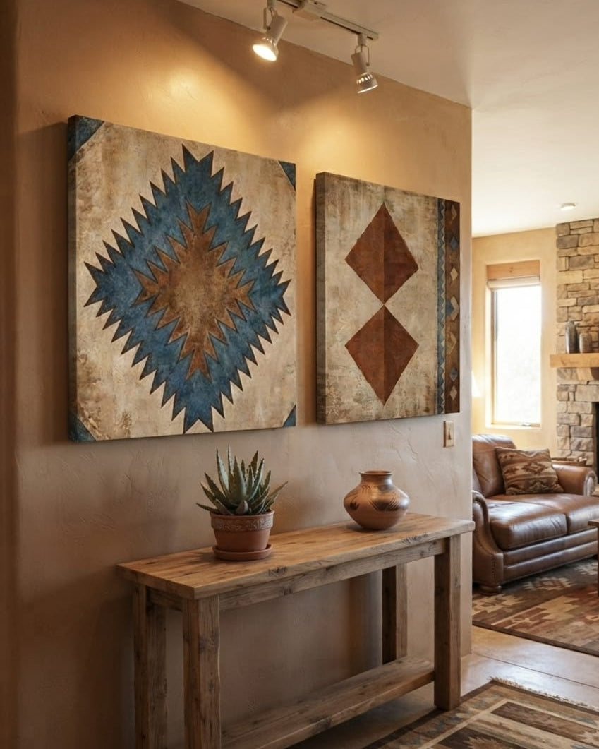 Native American Inspired Geometric Canvas Print Set of 2 - Rust & Indigo Southwestern Wall Art