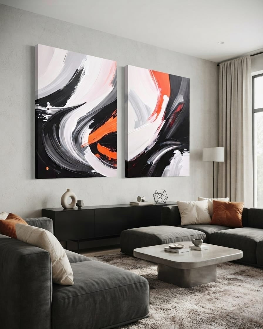 Modern Abstract Brushstroke Canvas Print Set of 2 - Black White & Coral Red Wall Decor