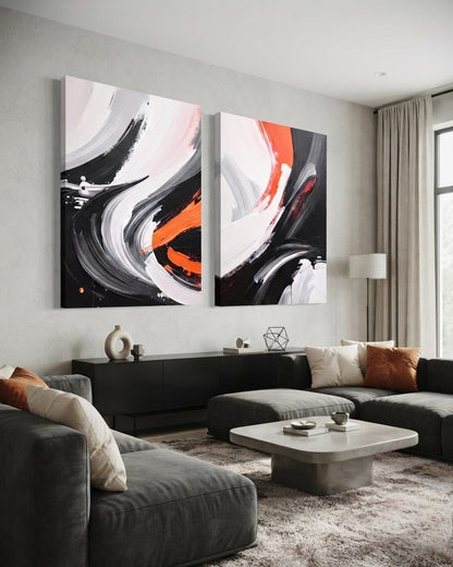 Modern Abstract Brushstroke Canvas Print Set of 2 - Black White & Coral Red Wall Decor