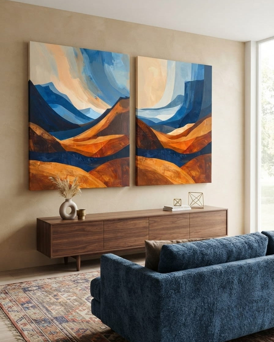 Abstract Mountain Landscape Canvas Print Set of 2 - Ochre & Cobalt Blue Canyon Wall Decor