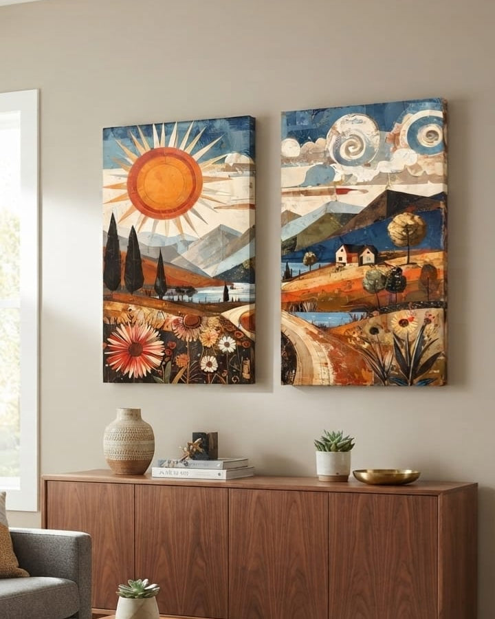 Sun & Moon Mosaic Landscape Canvas Print Set of 2 - Vintage Folk Art Mountain & Meadow Wall Decor