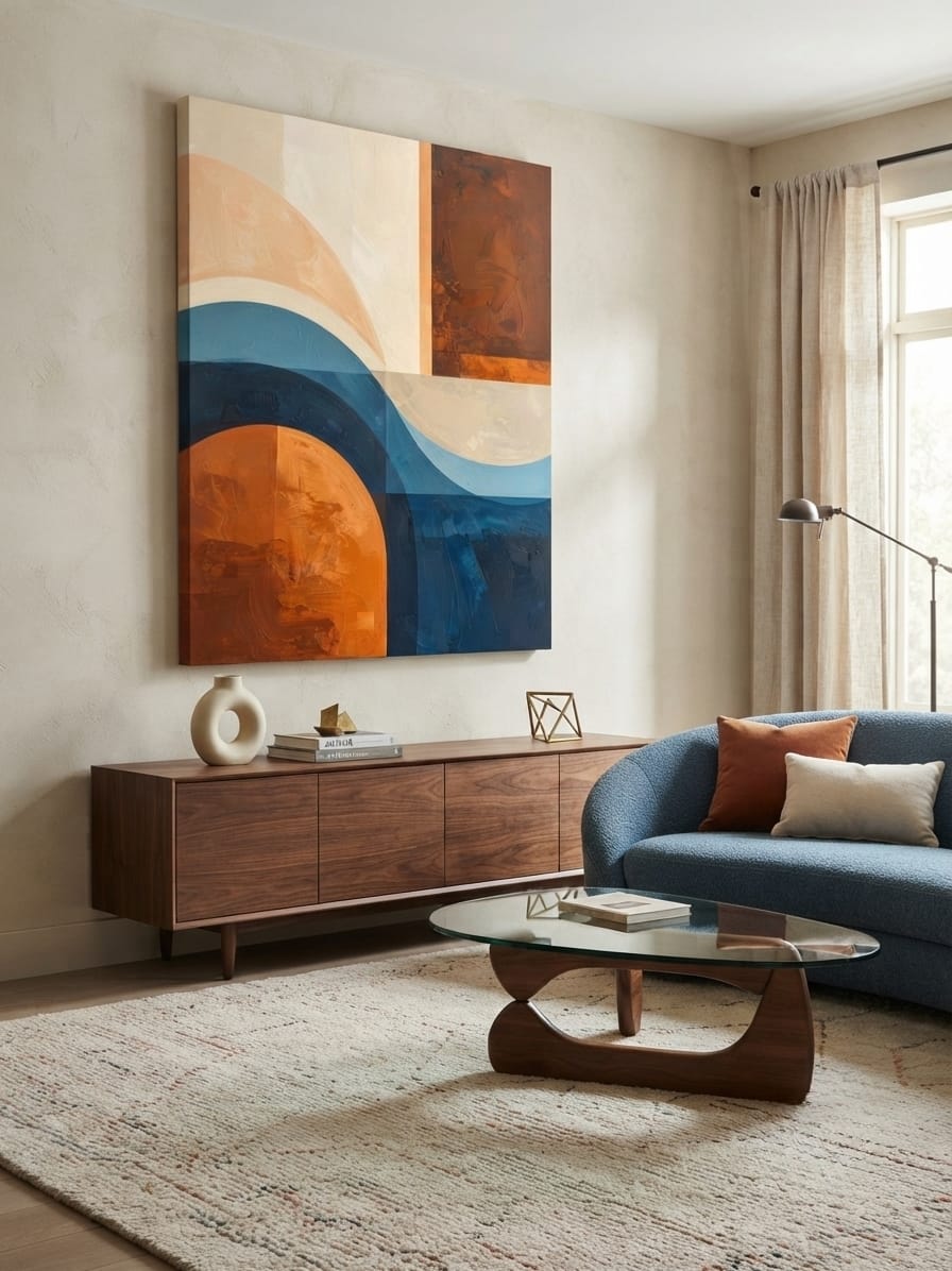 Mid-Century Geometric Abstract Canvas Print - Terracotta & Navy Blue Arches Wall Art