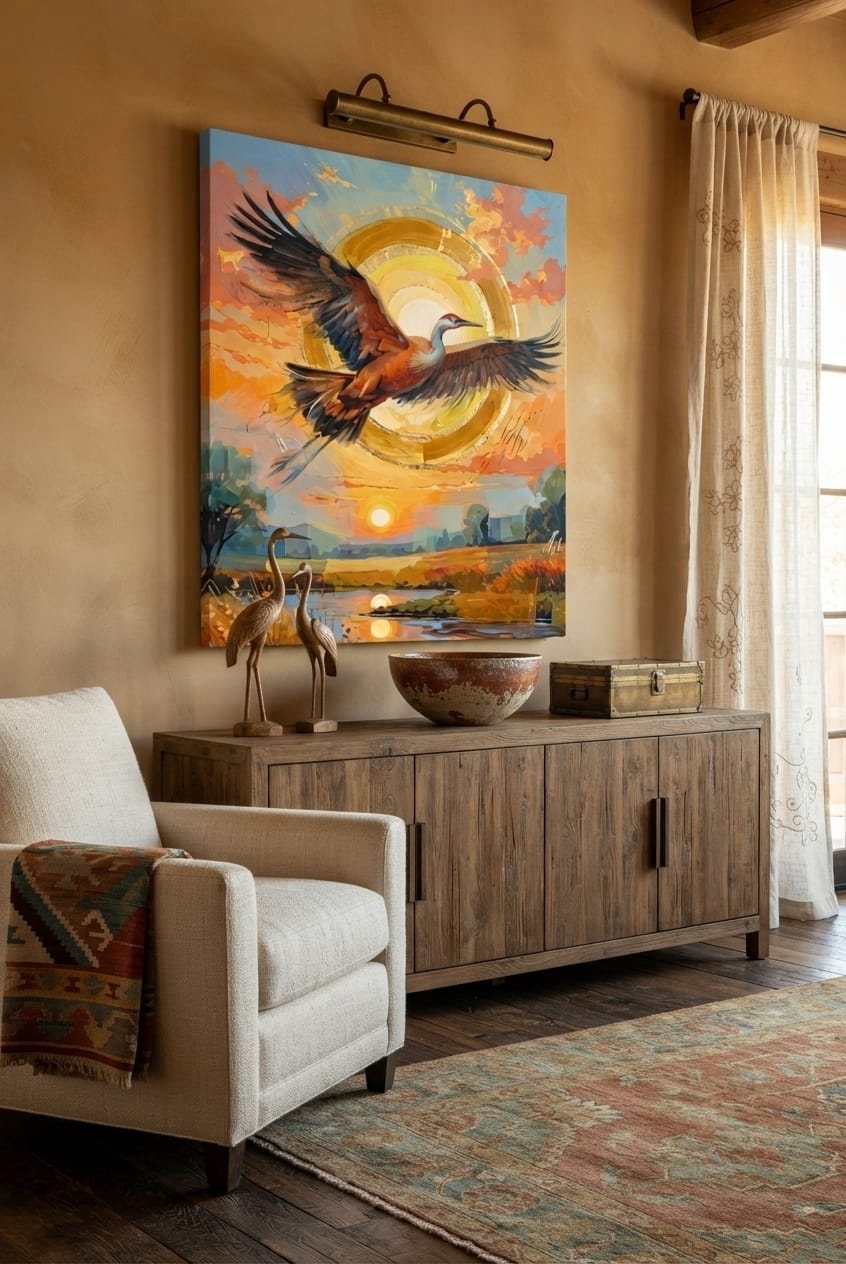 Soaring Crane Sunset Canvas Print - Golden Celestial Sun & River Wildlife Wall Art
