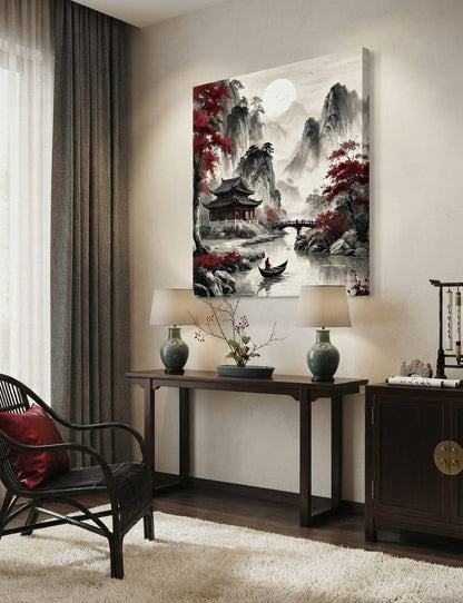 Traditional East Asian Pagoda Canvas Print - Red Maple & Ink Mountain Landscape Wall Art