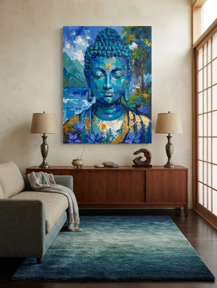 Meditating Blue Buddha Canvas Print - Impasto Gold Leaf Spiritual Wall Decor