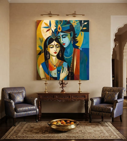 Radha Krishna Cubist Canvas Print - Modern Abstract Divine Love Wall Art