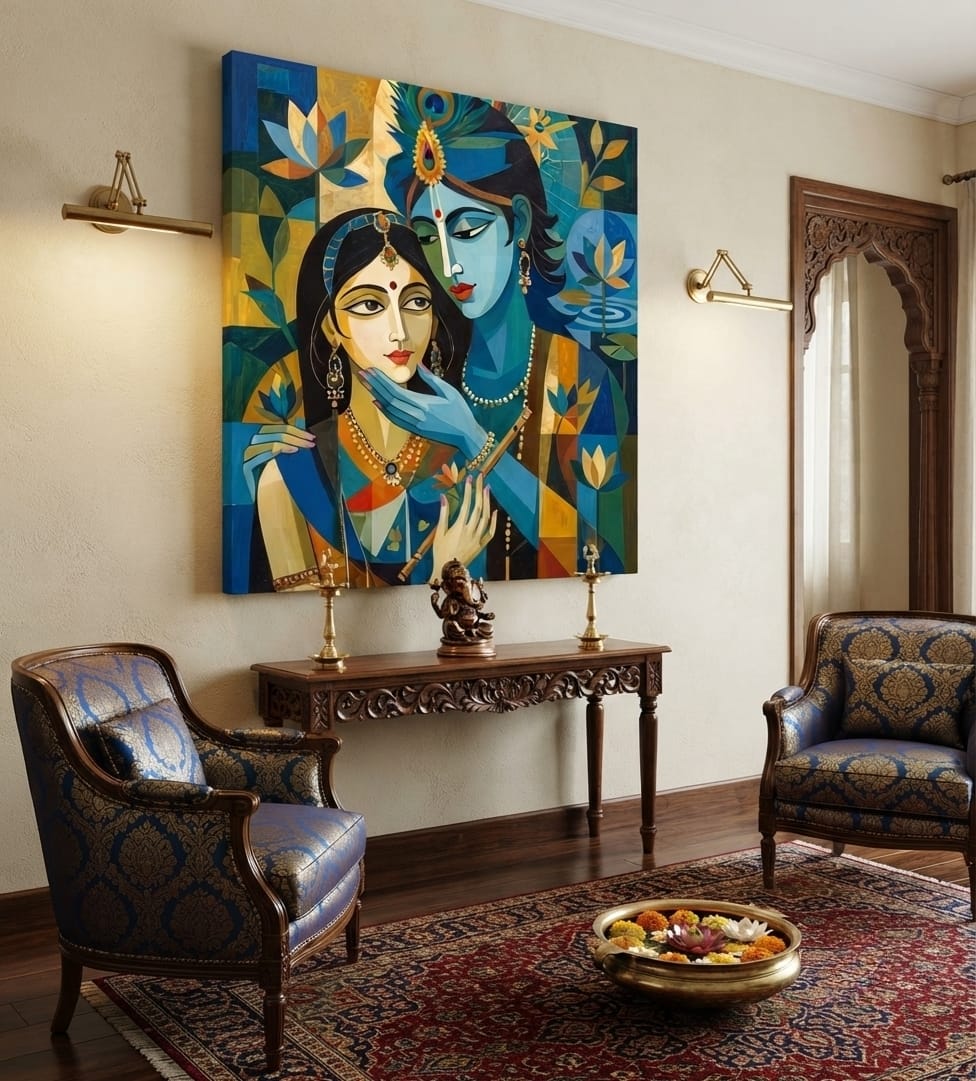 Radha Krishna Modern Canvas Print - Cubist Geometric Divine Love Wall Art