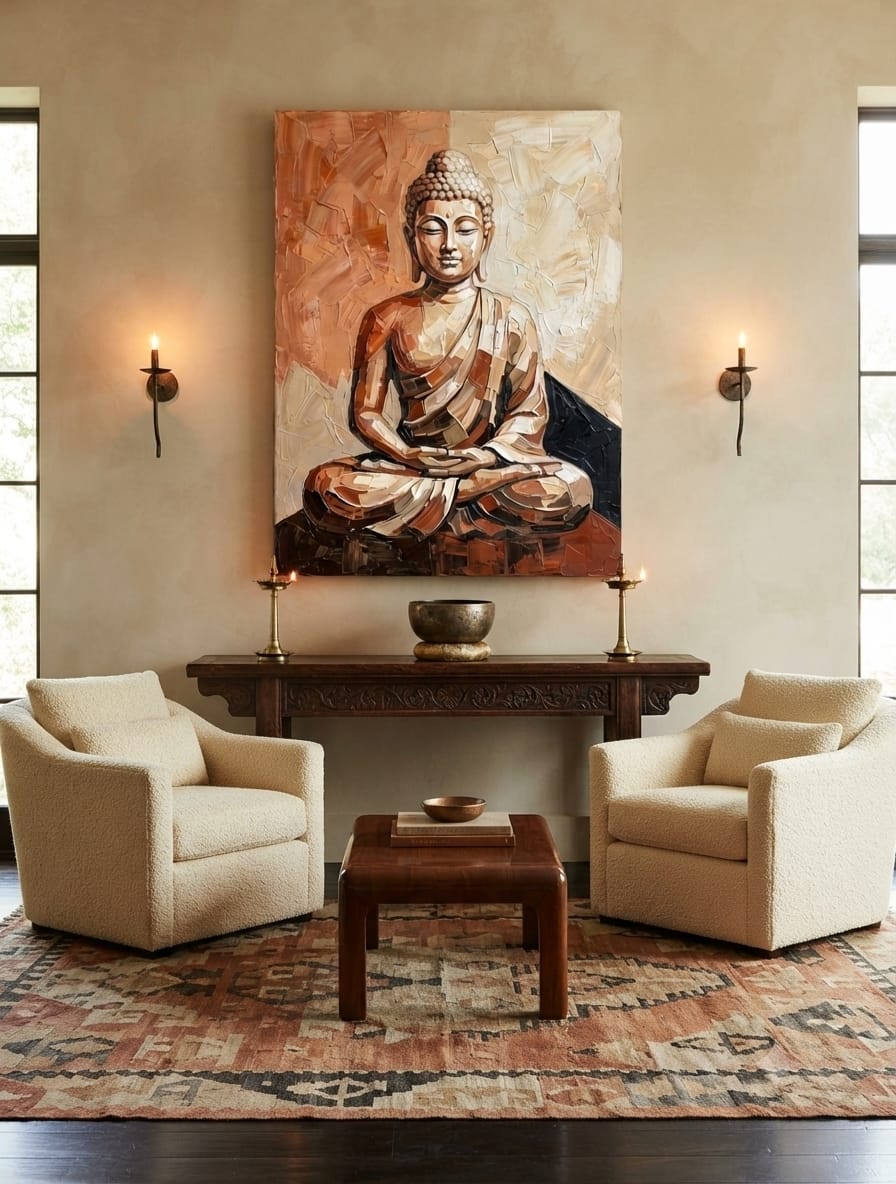 Meditating Buddha Impasto Canvas Print - Earth Tone Palette Knife Wall Decor