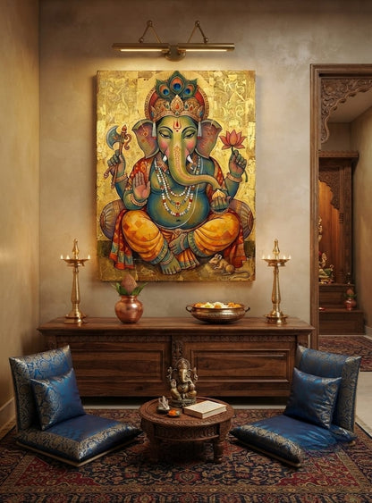 Lord Ganesha Canvas Print - Gold Foil Effect Textured Modern Indian Wall Decor
