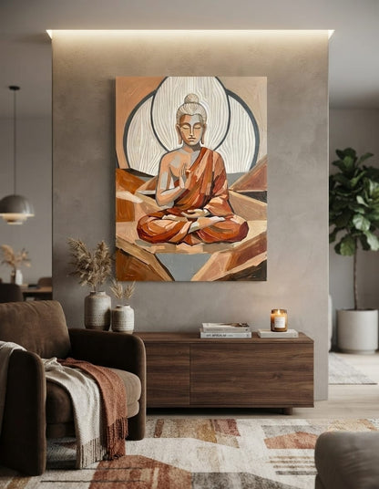 Meditating Buddha Canvas Print - Earth Tone Geometric Impasto Wall Art