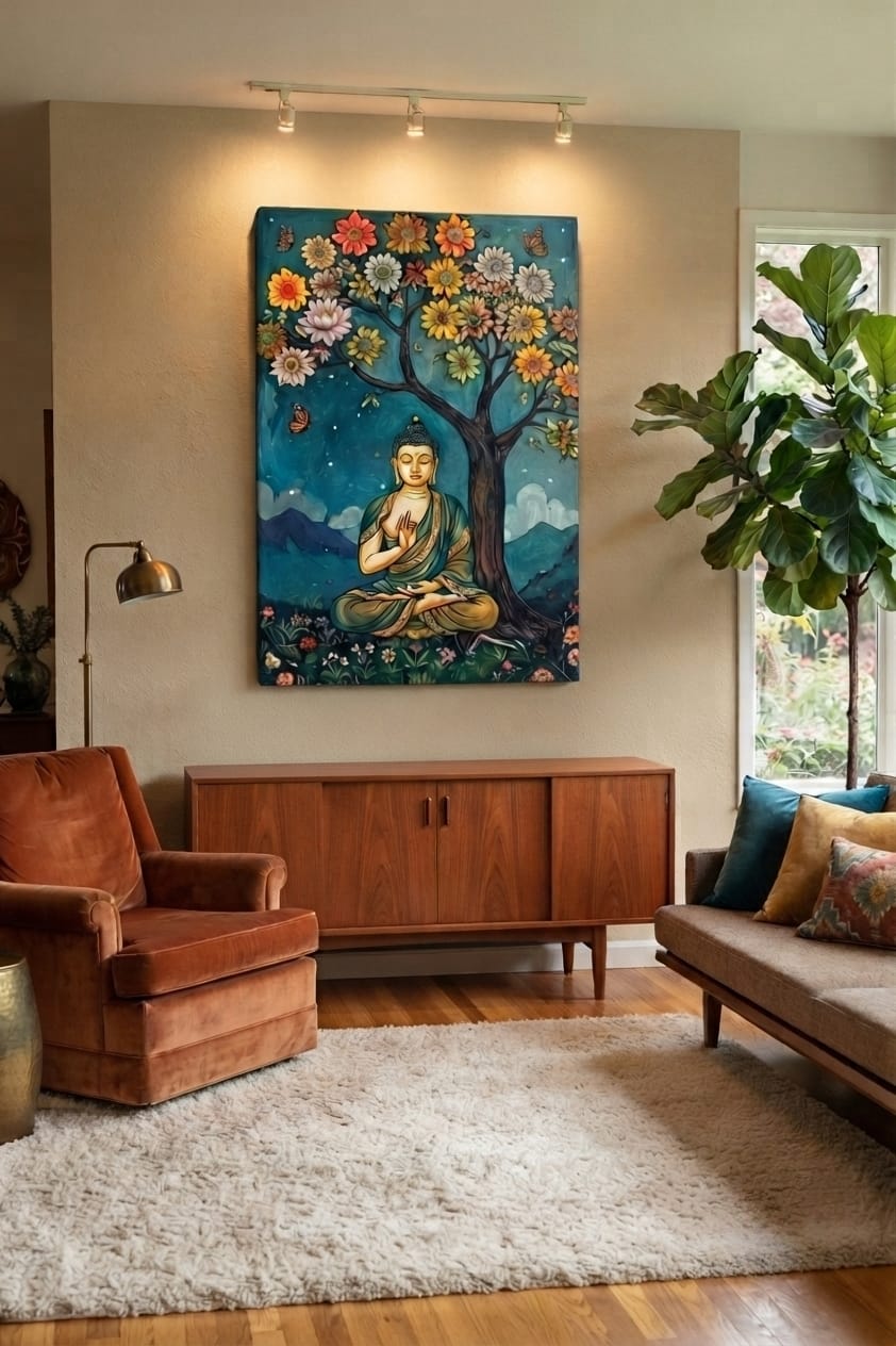 Meditating Buddha Under Floral Tree Canvas Print - Teal & Gold Spiritual Wall Decor