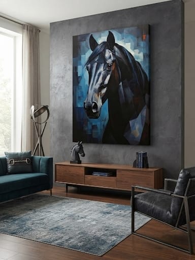 Black Horse Portrait Canvas Print - Modern Blue Abstract Cubist Wall Art