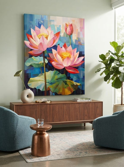 Blooming Pink Lotus Canvas Print - Modern Cubist Floral Wall Decor