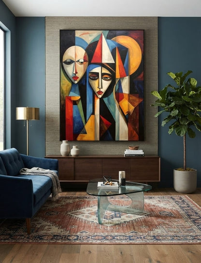 Modern Cubist Abstract Figures Canvas Print - Bold Geometric Portrait Wall Decor