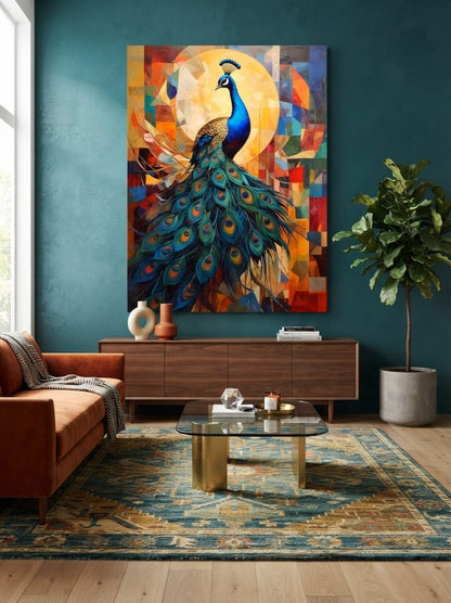 Majestic Peacock Canvas Print - Modern Cubist Geometric Sun Wall Art