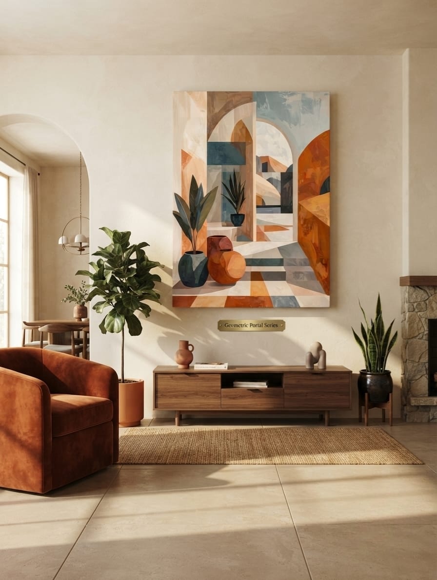 Modern Mediterranean Archway Canvas Print - Abstract Terracotta & Botanical Wall Art