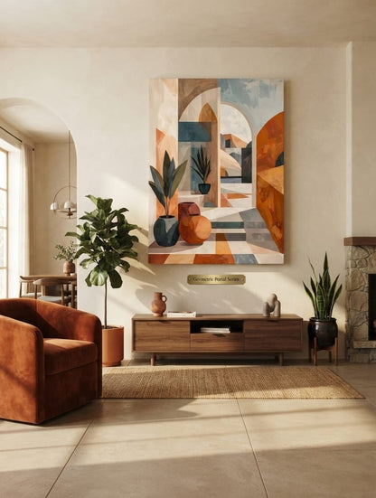 Modern Mediterranean Archway Canvas Print - Abstract Terracotta & Botanical Wall Art