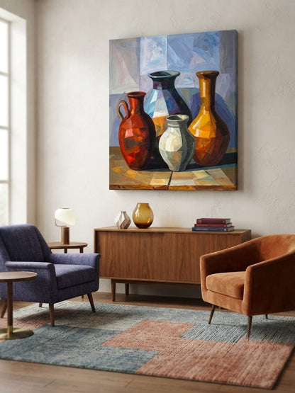 Modern Still Life Ceramic Vases Canvas Print - Cubist Geometric Pottery Wall Decor