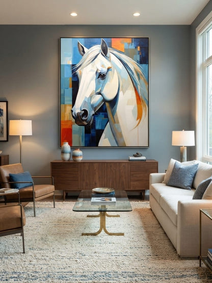 White Horse Portrait Canvas Print - Modern Blue & Orange Cubist Wall Art