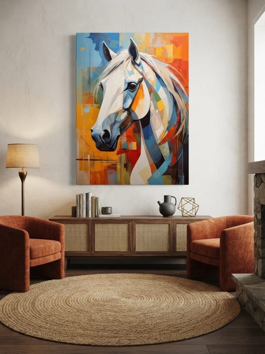 White Horse Portrait Canvas Print - Vibrant Sunset Orange & Blue Cubist Wall Art