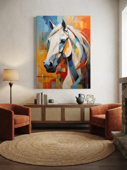 White Horse Portrait Canvas Print - Vibrant Sunset Orange & Blue Cubist Wall Art