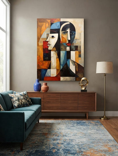 Modern Cubist Abstract Faces Canvas Print - Geometric Dual Portrait Wall Decor