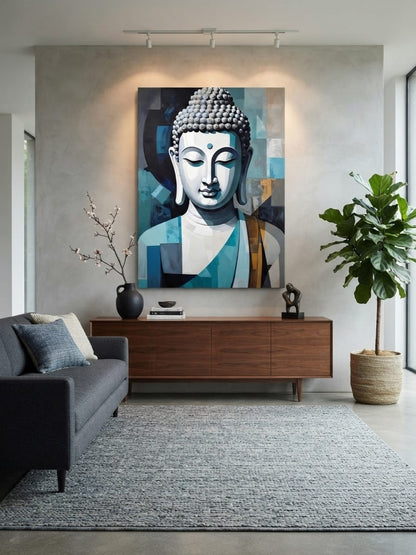 Meditating Buddha Portrait Canvas Print - Cool Blue & Gold Cubist Wall Art