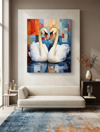 Pair of White Swans Canvas Print - Modern Cubist Geometric Sunset Lake Wall Art