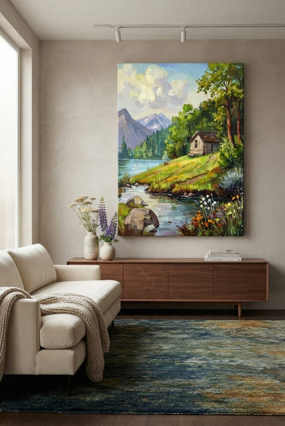 Mountain Lakeside Cabin Canvas Print - Impasto Landscape & Wildflower Stream Wall Decor
