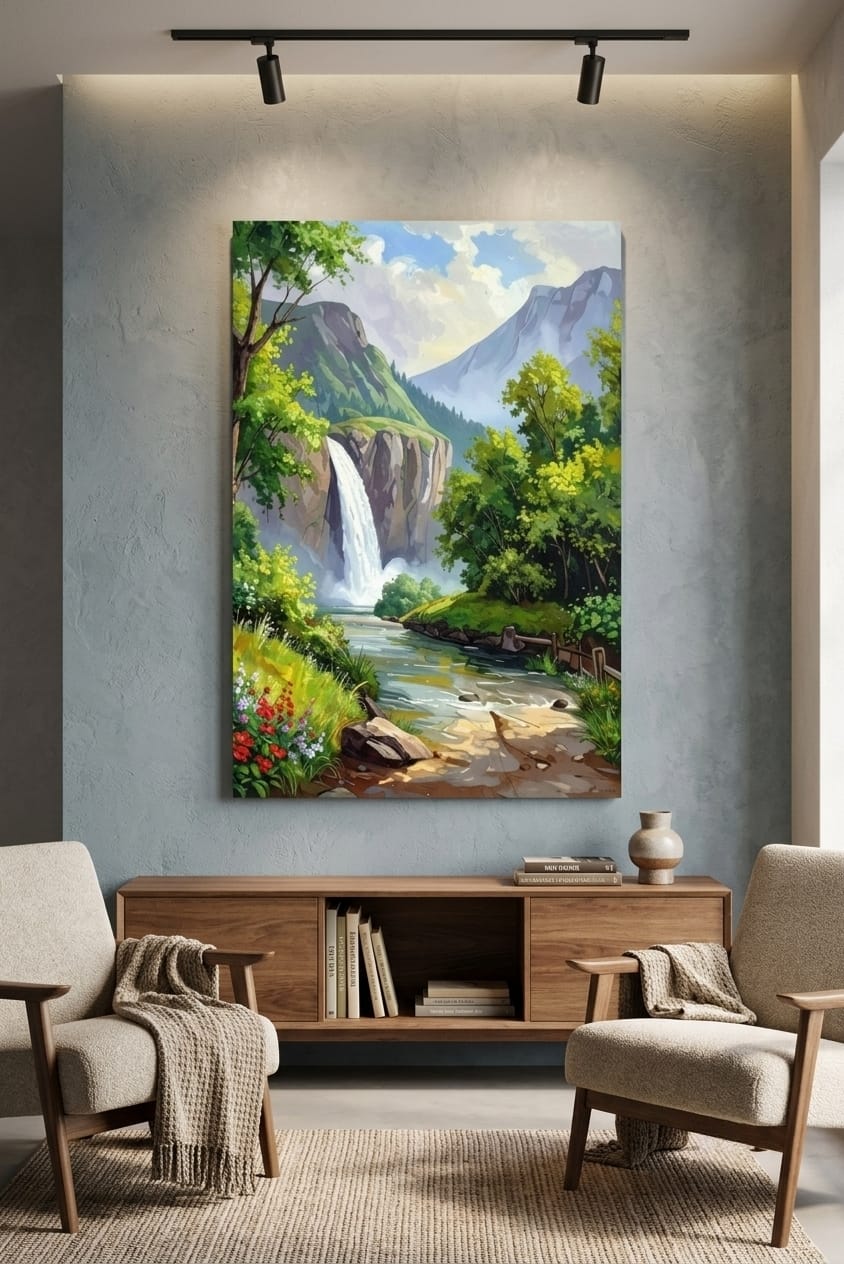 Majestic Mountain Waterfall Canvas Print - Alpine Valley & River Landscape Wall Art