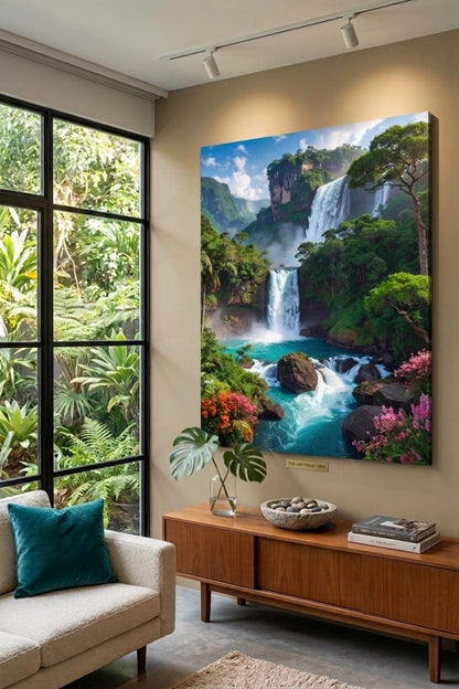 Tropical Tiered Waterfall Canvas Print - Rainforest Paradise & Turquoise Pool Wall Decor