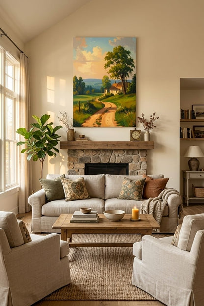 Country Dirt Road Farmhouse Canvas Print - Sunlit Rural Landscape & Meadow Wall Decor