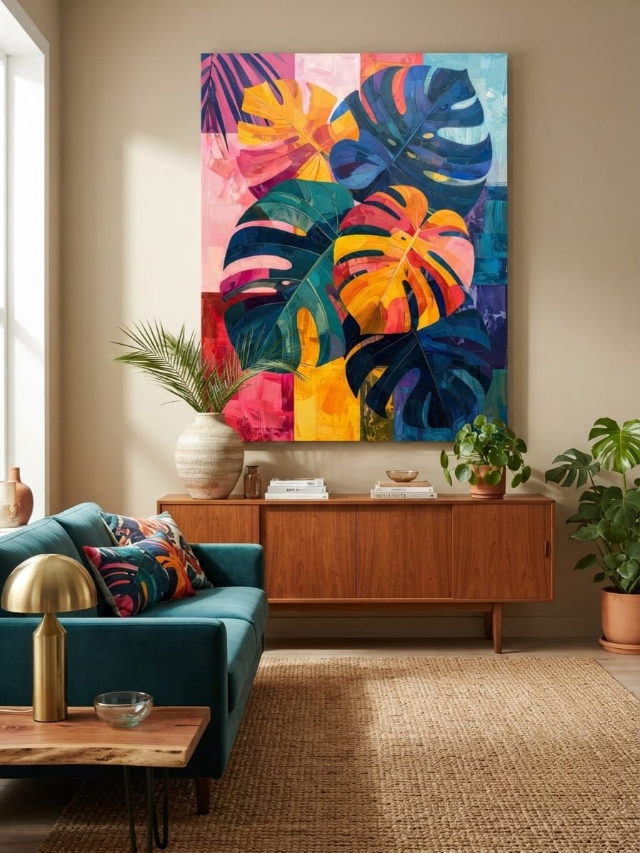 Colorful Abstract Monstera Leaves Canvas Print - Modern Tropical Botanical Wall Art