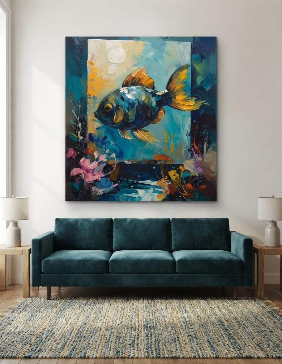 Vibrant Ocean Fish Canvas Print - Impasto Oil Painting Inspired Coastal Wall Art