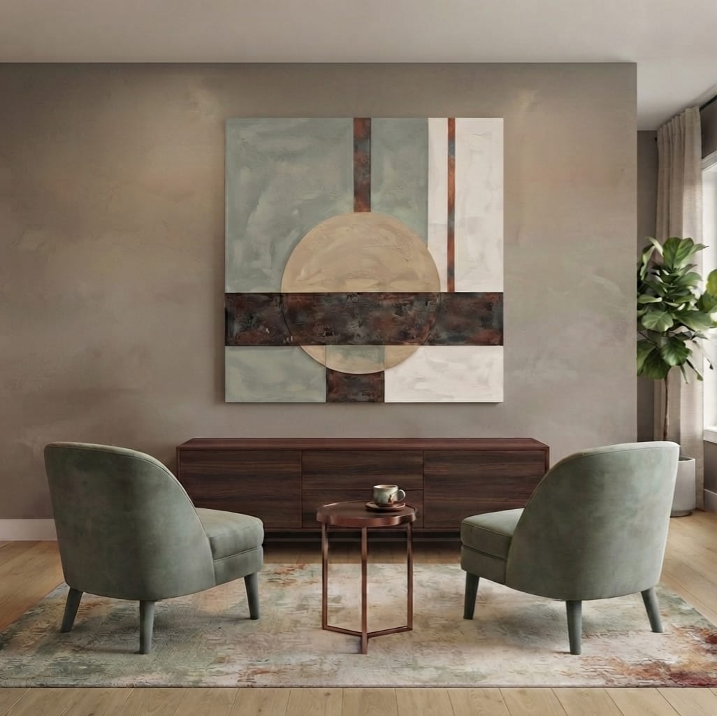 Modern Minimalist Abstract Geometric Canvas Print - Textured Sage Grey & Copper Wall Art