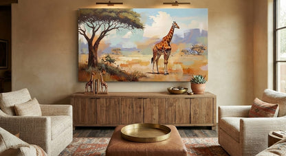 African Savannah Giraffe Landscape Canvas Print - Panoramic Acacia Tree Wildlife Wall Art