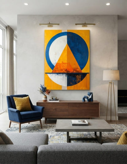 Modern Bauhaus Pyramid Canvas Print - Blue & Golden Yellow Geometric Abstract Wall Art