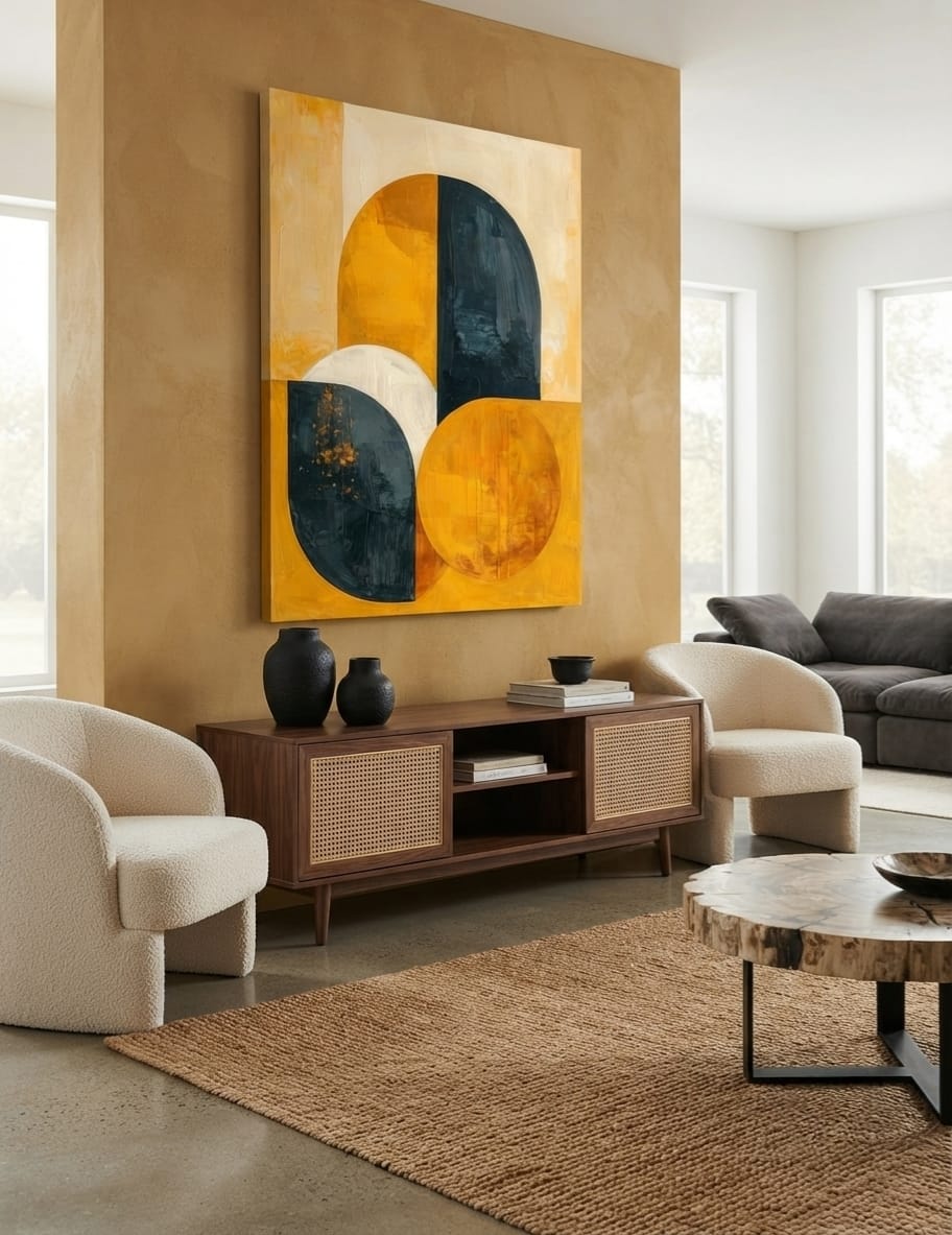 Modern Mid-Century Abstract Arch Canvas Print - Golden Ochre & Deep Charcoal Wall Art