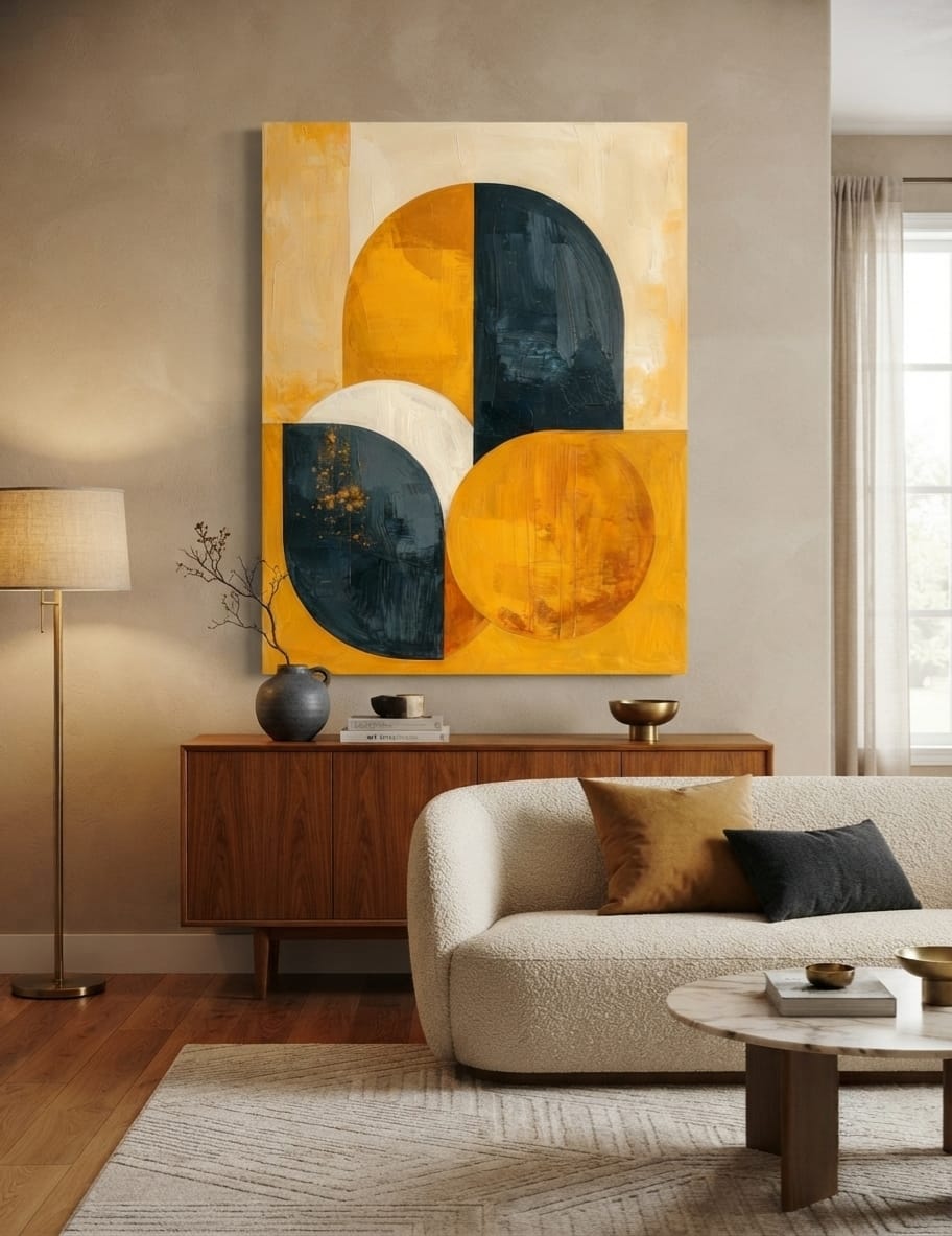 Modern Mid-Century Abstract Arch Canvas Print - Golden Ochre & Deep Charcoal Wall Art