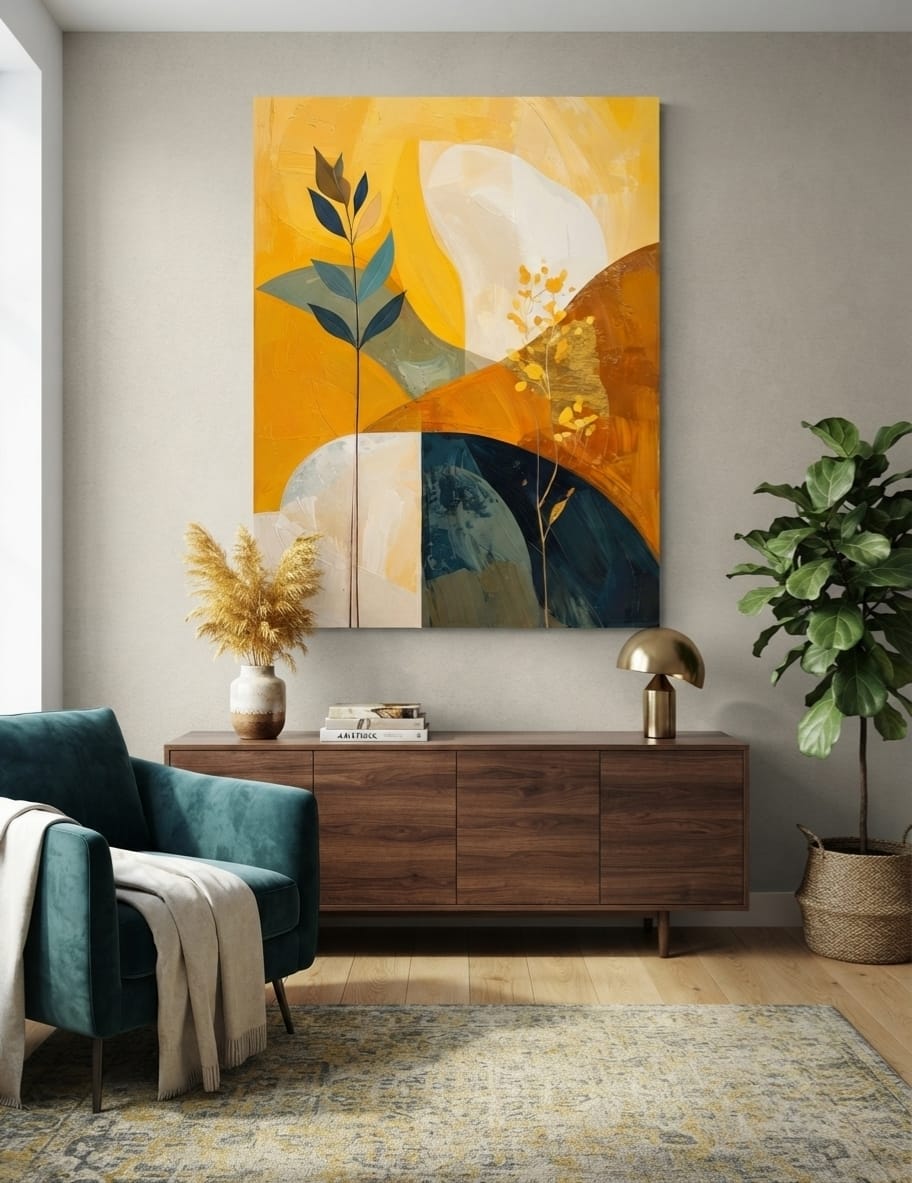 Modern Abstract Botanical Canvas Print - Warm Mustard Yellow & Teal Leaf Wall Art