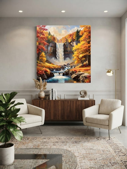 Autumn Waterfall Landscape Canvas Print - Autumn Foliage Forest Impasto Wall Art