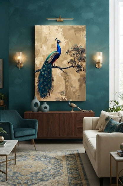 Majestic Royal Peacock Canvas Print - Warm Gold & Emerald Teal Fine Art Wall Decor
