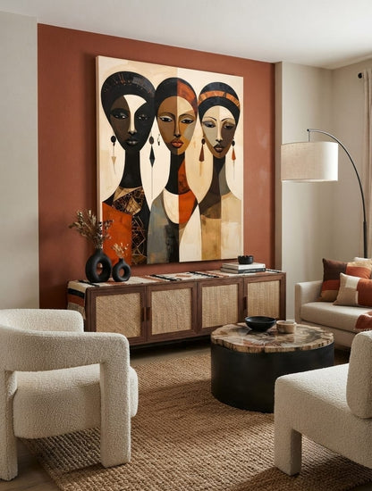 Modern African Women Cubist Portrait Canvas Print - Earthy Terracotta & Gold Wall Art