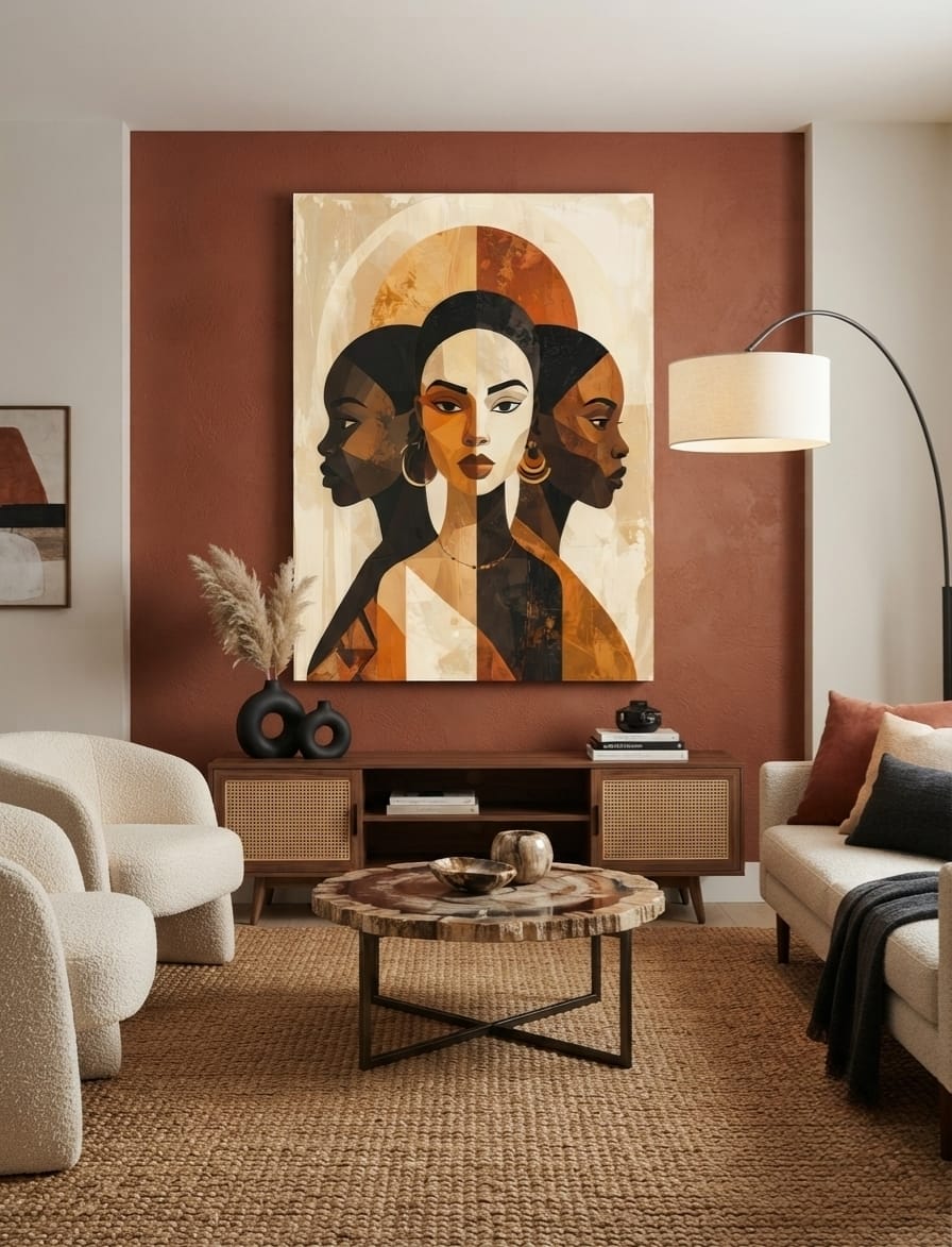 Modern African Women Abstract Portrait Canvas Print - Earthy Terracotta & Gold Wall Art