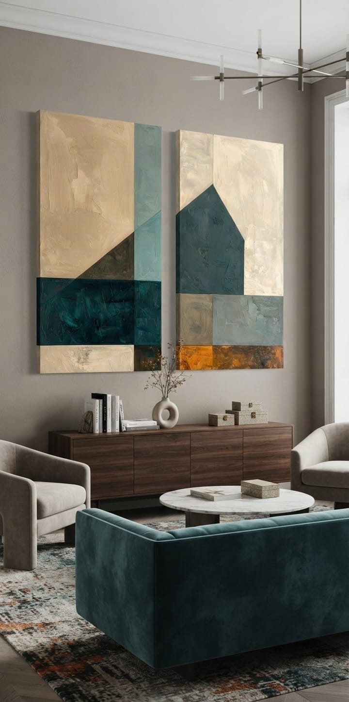 Modern Geometric Color-Block Canvas Print Set - Slate Blue, Warm Sand & Deep Teal 2-Piece Diptych Wall Art