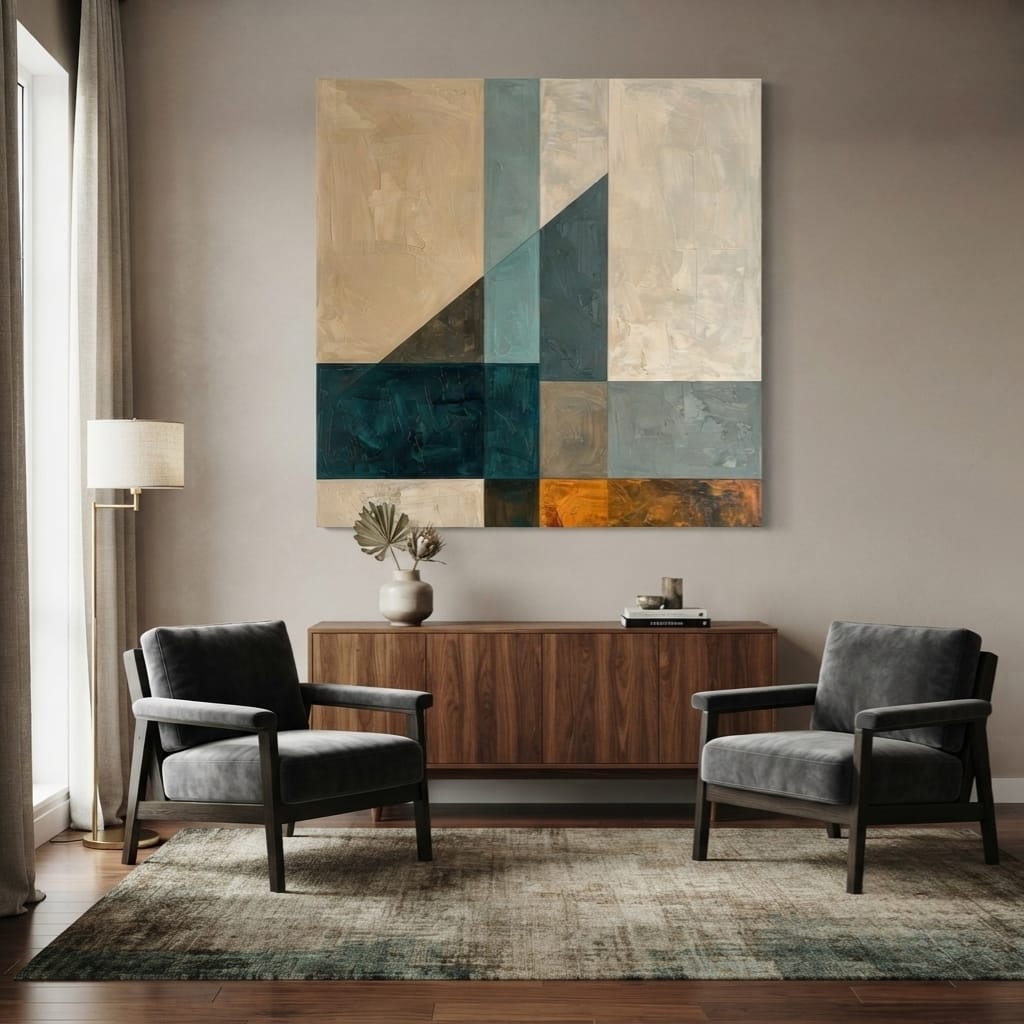 Modern Geometric Color-Block Square Canvas Print - Slate Blue, Ochre & Beige Wall Art