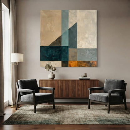 Modern Geometric Color-Block Square Canvas Print - Slate Blue, Ochre & Beige Wall Art